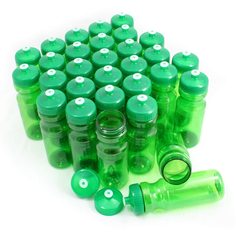 Rolling Sands Reusable Bulk Water Bottles 30 Pack - 24 Oz Sports Water Bottles, USA Made, BPA-Free, Wide Mouth for Easy Cleaning, Break Resistant - Translucent Green Bottle/Green Lid - Image 1